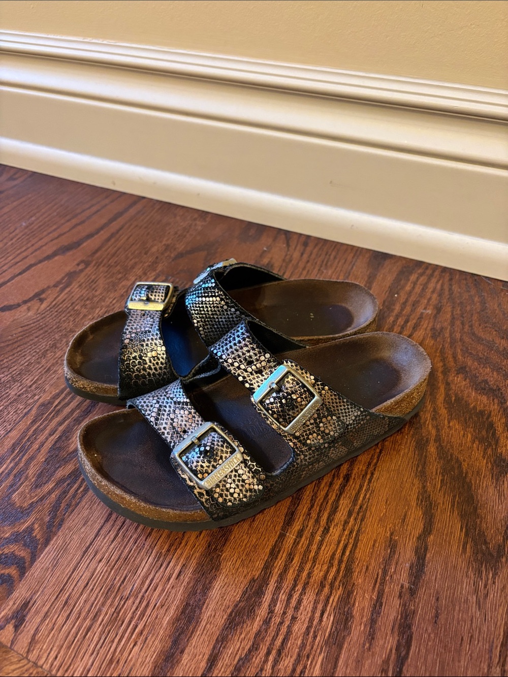Birkenstock Black Snakeskin-Print double Buckle Slide Sandals